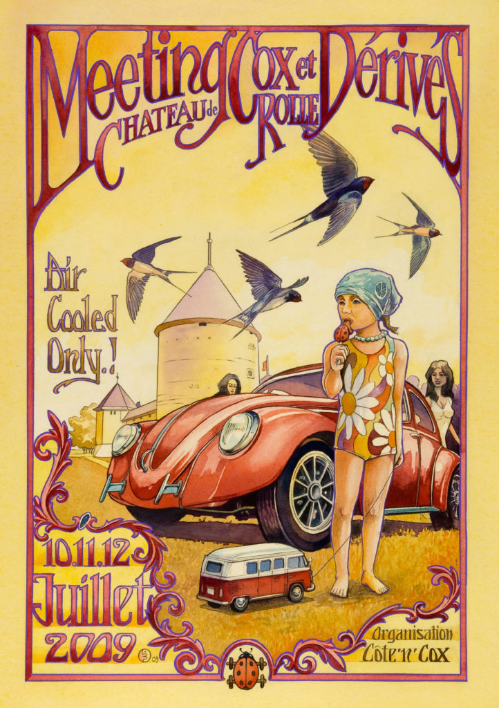 Création de l’affiche des rassemblements Volkswagen,au Château de Rolle, 2009. Organisation: Côte’n’Cox - aquarelle et gouache.