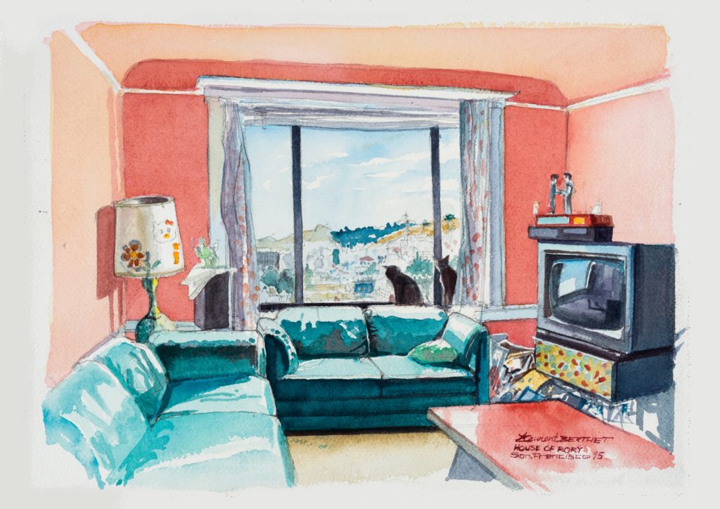 Rory Cats in the Pink room - San Francisco - Watercolor - 1995