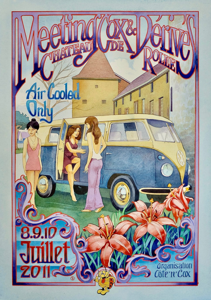 Création de l’affiche des rassemblements Volkswagen,au Château de Rolle, 2011. Organisation: Côte’n’Cox - aquarelle et gouache.