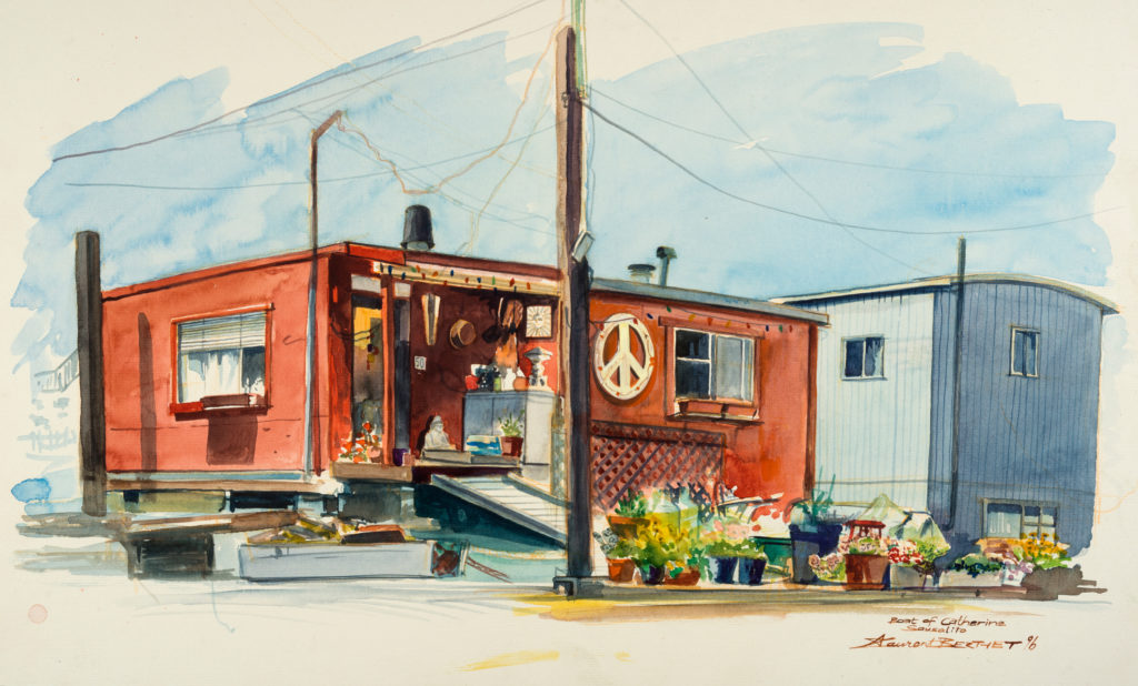 Houseboat of Catherine - Gates Cooperative Hippies Community - Sausalito 1996 - Watercolor.